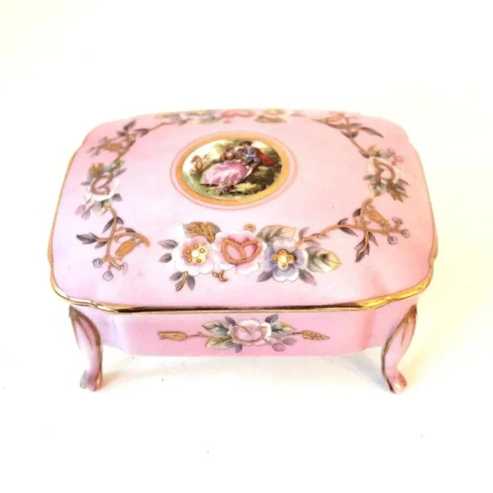 Vtg Royal Carton Original Arnartcreation Japan Pink Victorian Trinket Box